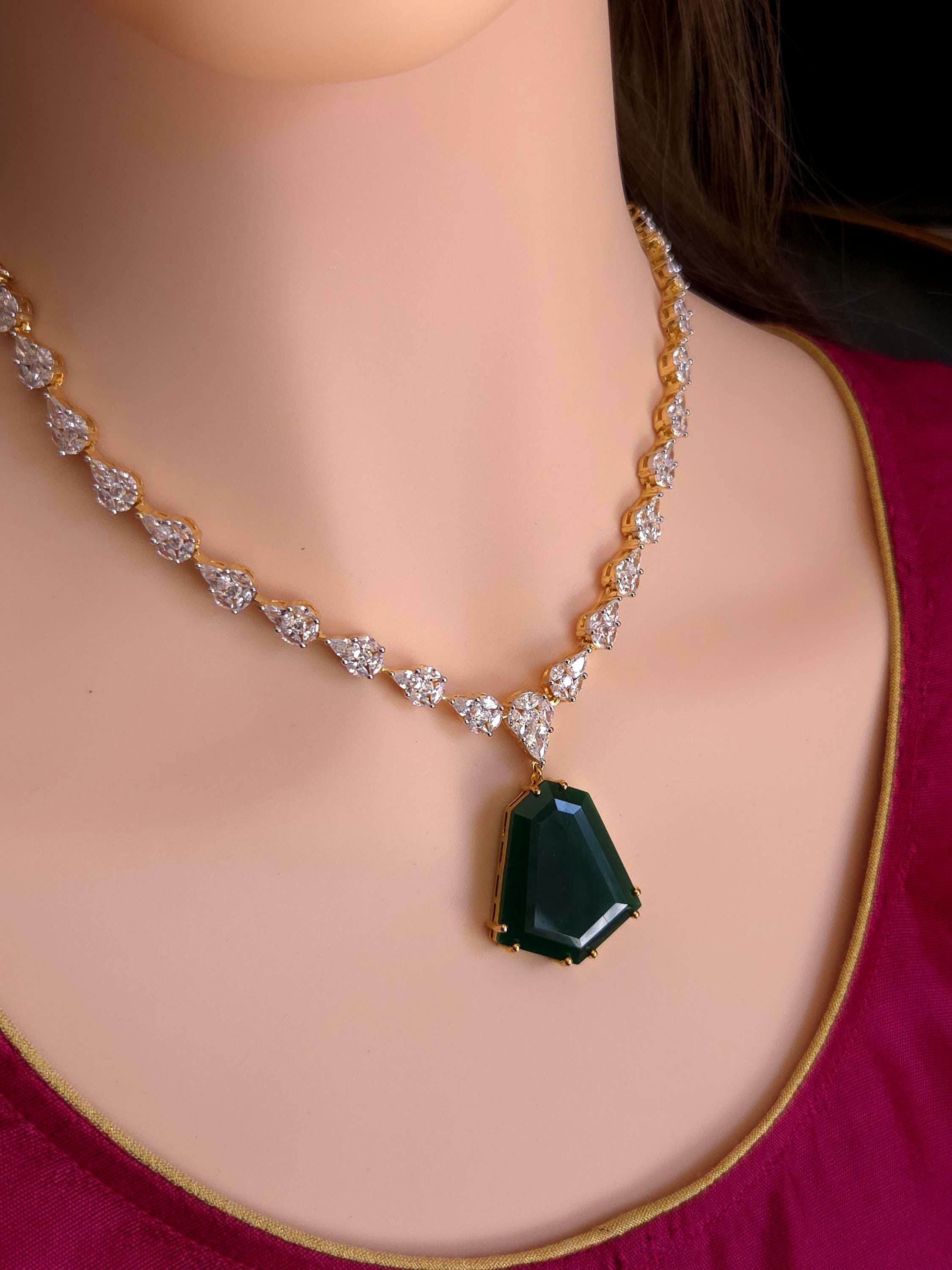 Bridal CZ Necklace Earrings Set, Emerald Green or Blush Pink, Gold/Silver Tone
