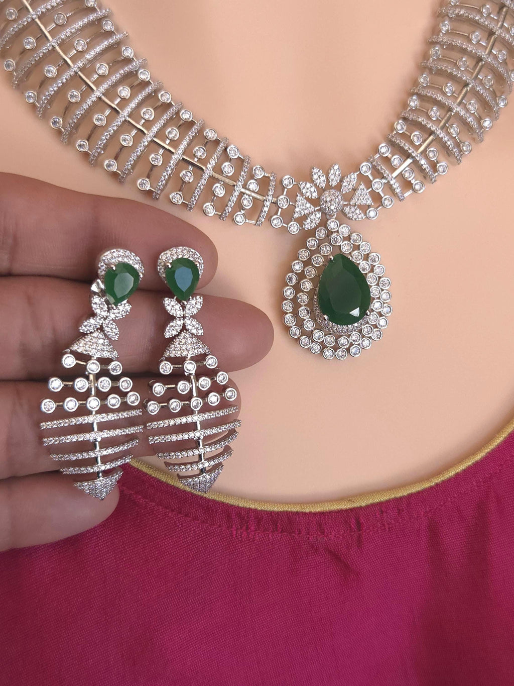 Green CZ Indian Bridal Necklace & Earrings Set – Silver Tone Statement Wedding Jewelry