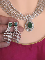 Green CZ Indian Bridal Necklace & Earrings Set – Silver Tone Statement Wedding Jewelry