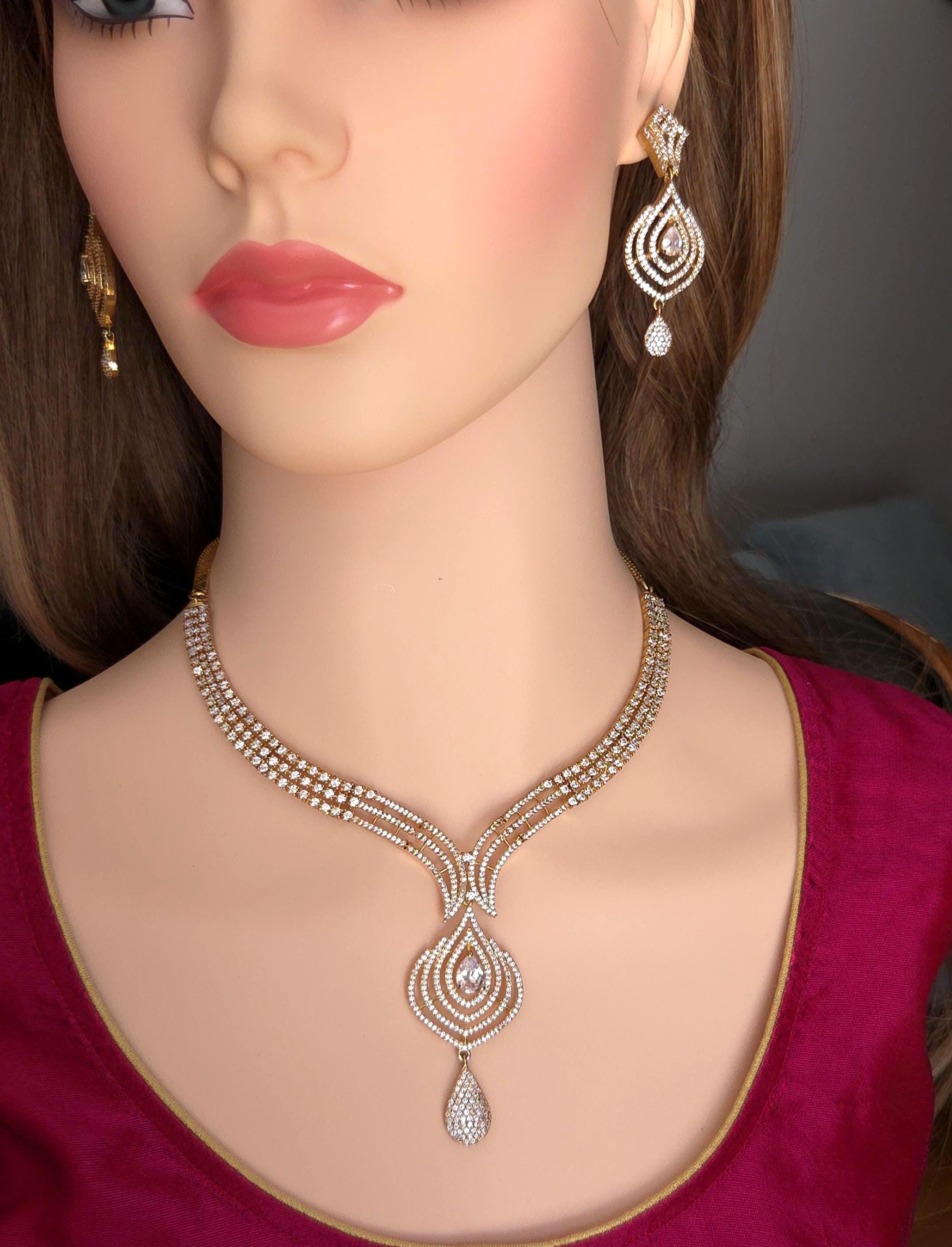 Layered V-Drop Necklace Set | Gold Plated CZ Bridal Jewelry