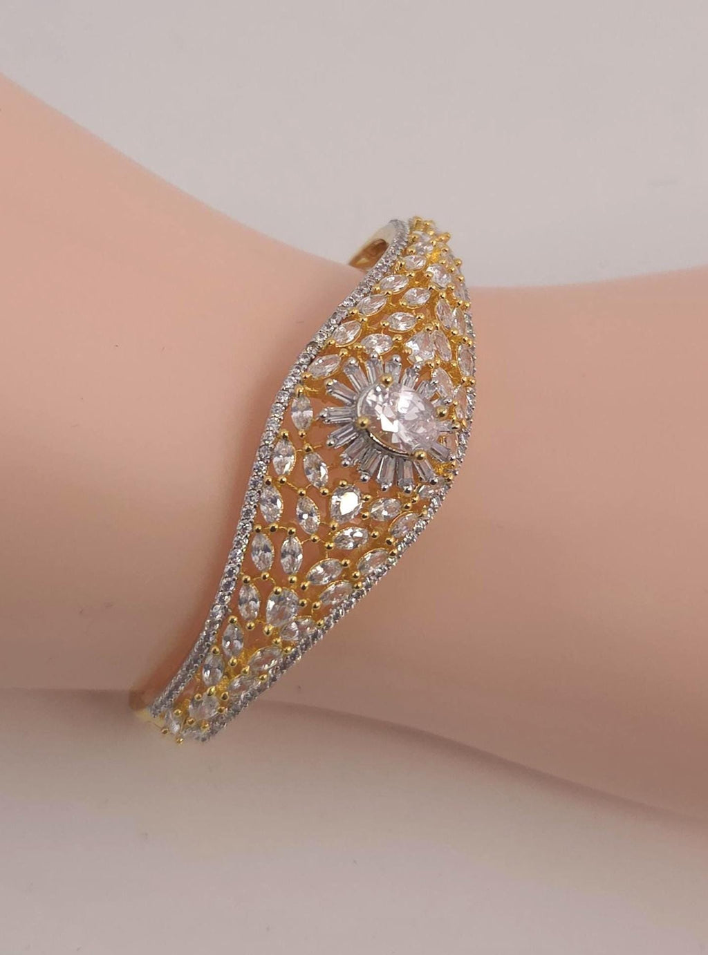 Gold Tone CZ Floral Cuff Bracelet – Adjustable Indian Wedding Bangle