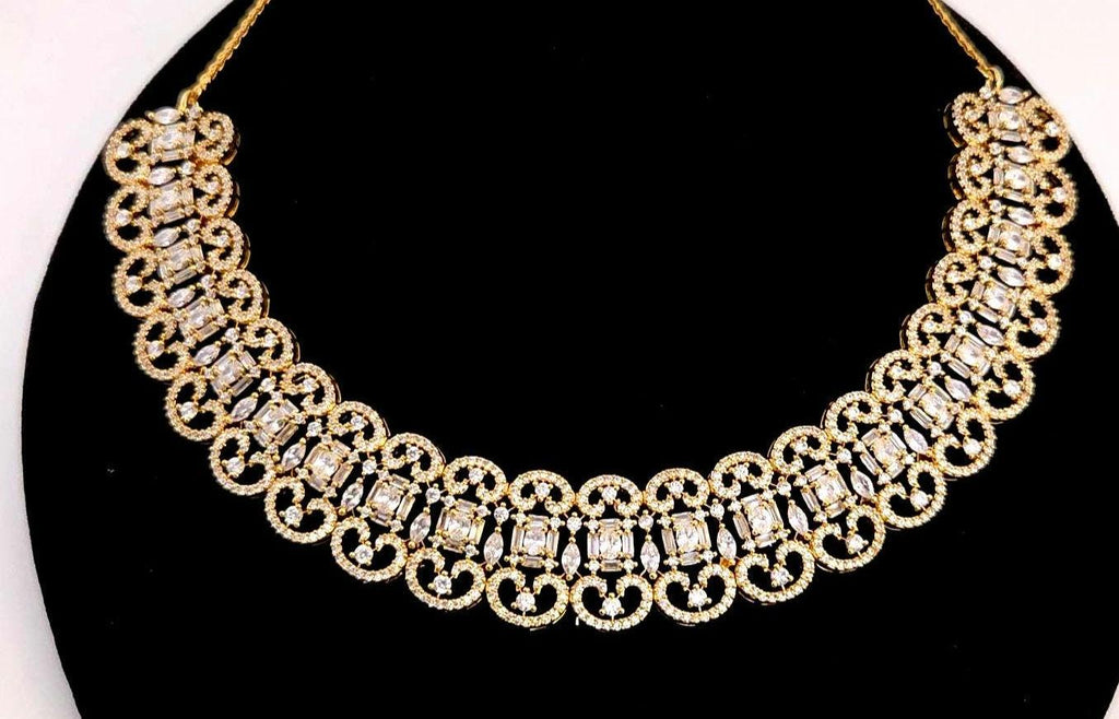 Gold Plated CZ Crescent Drop Necklace Set | Indian Wedding Bridal Jewelry