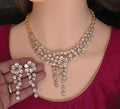 Gold Plated CZ Bridal Necklace Set, Floral Layered Statement Jewelry with Earrings