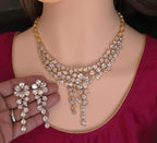 Gold Plated CZ Bridal Necklace Set, Floral Layered Statement Jewelry with Earrings