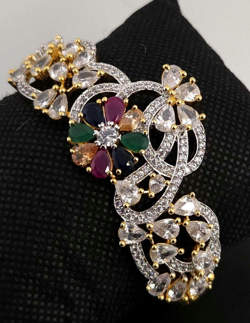 Multicolor Navratna CZ Bracelet | Gold Plated Statement Jewelry for Weddings