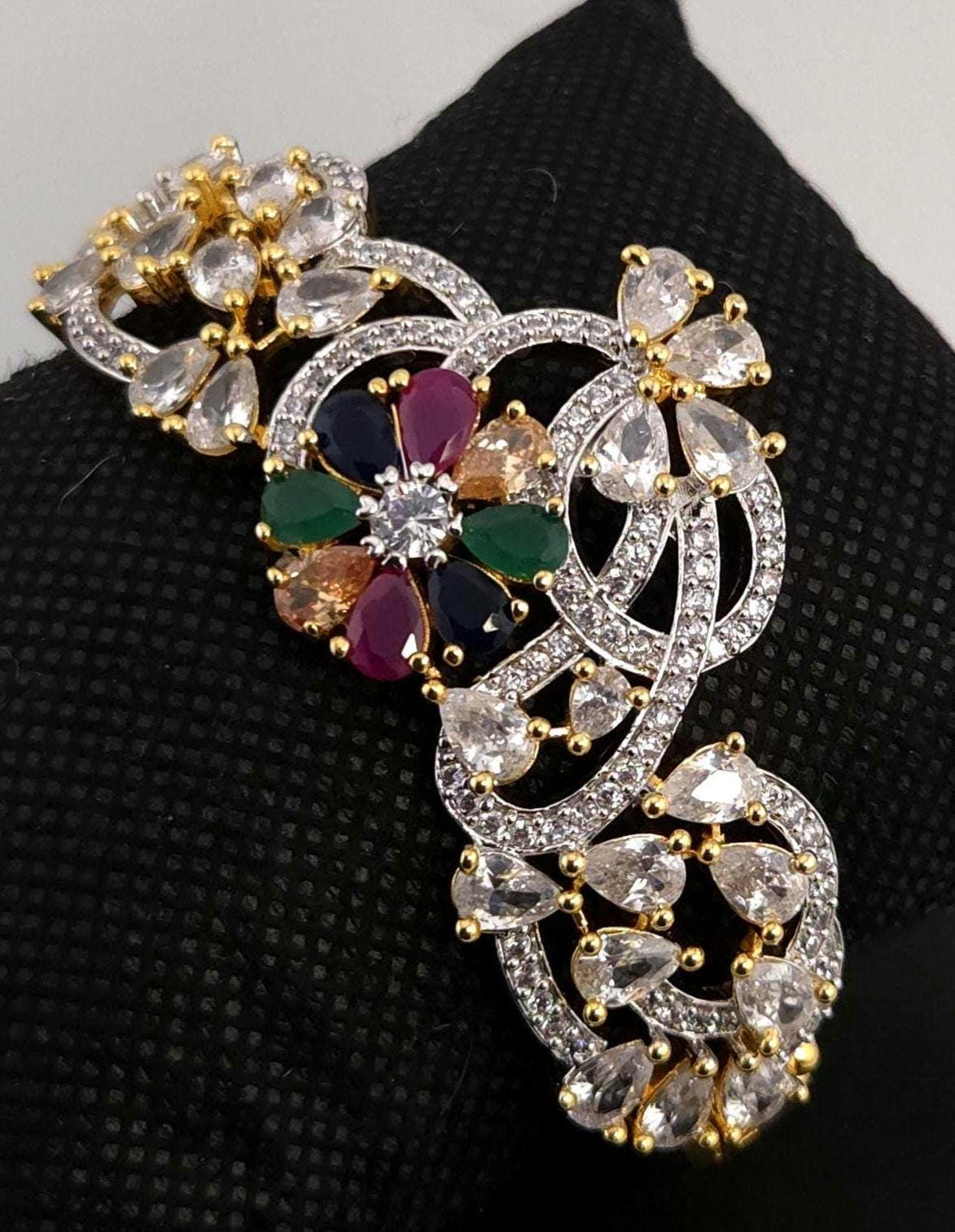 Multicolor Navratna CZ Bracelet | Gold Plated Statement Jewelry for Weddings