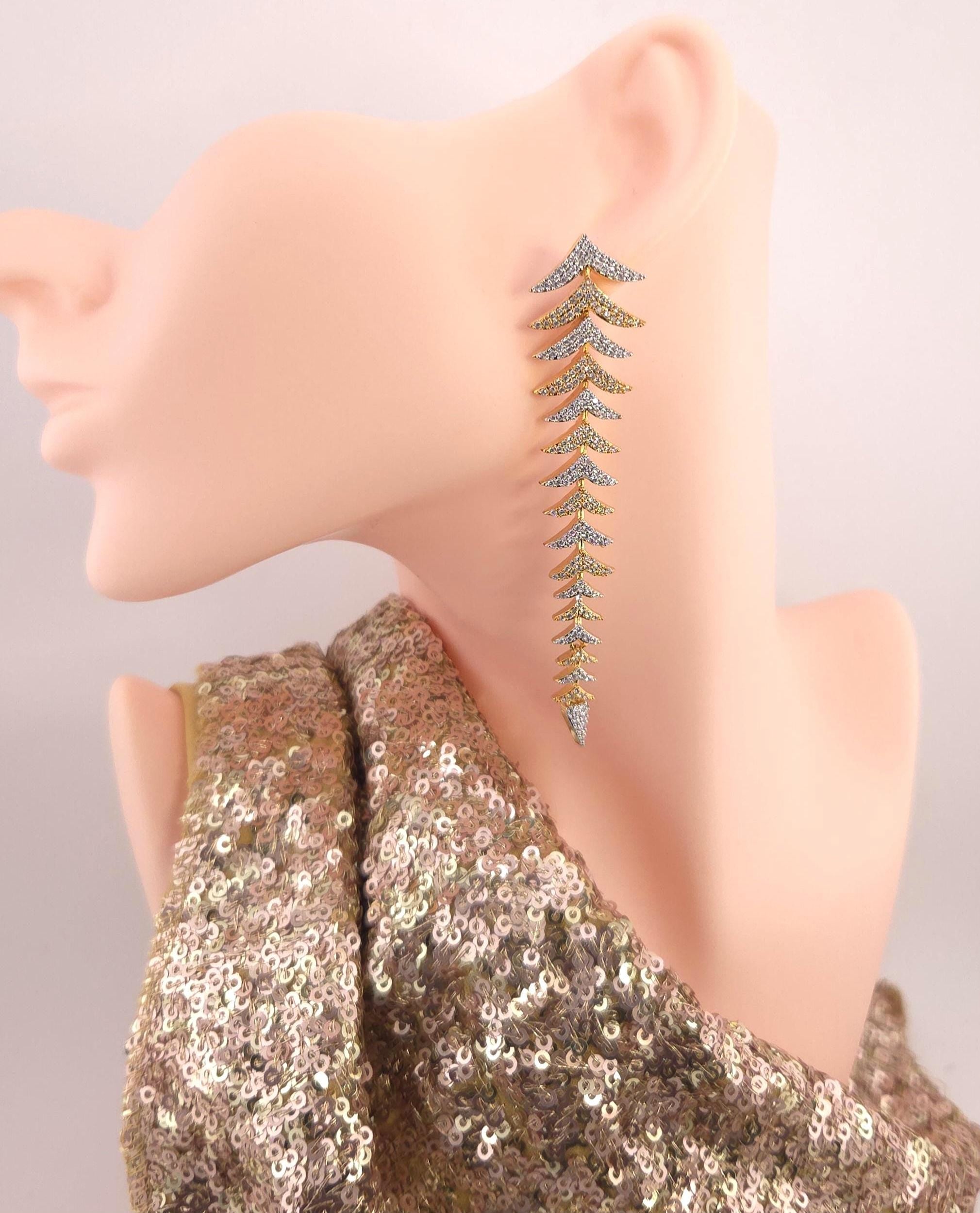 Long Leaf CZ Drop Earrings | Gold Silver Plated Statement Bridal Jewelry