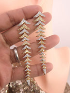 Long Leaf CZ Drop Earrings | Gold Silver Plated Statement Bridal Jewelry