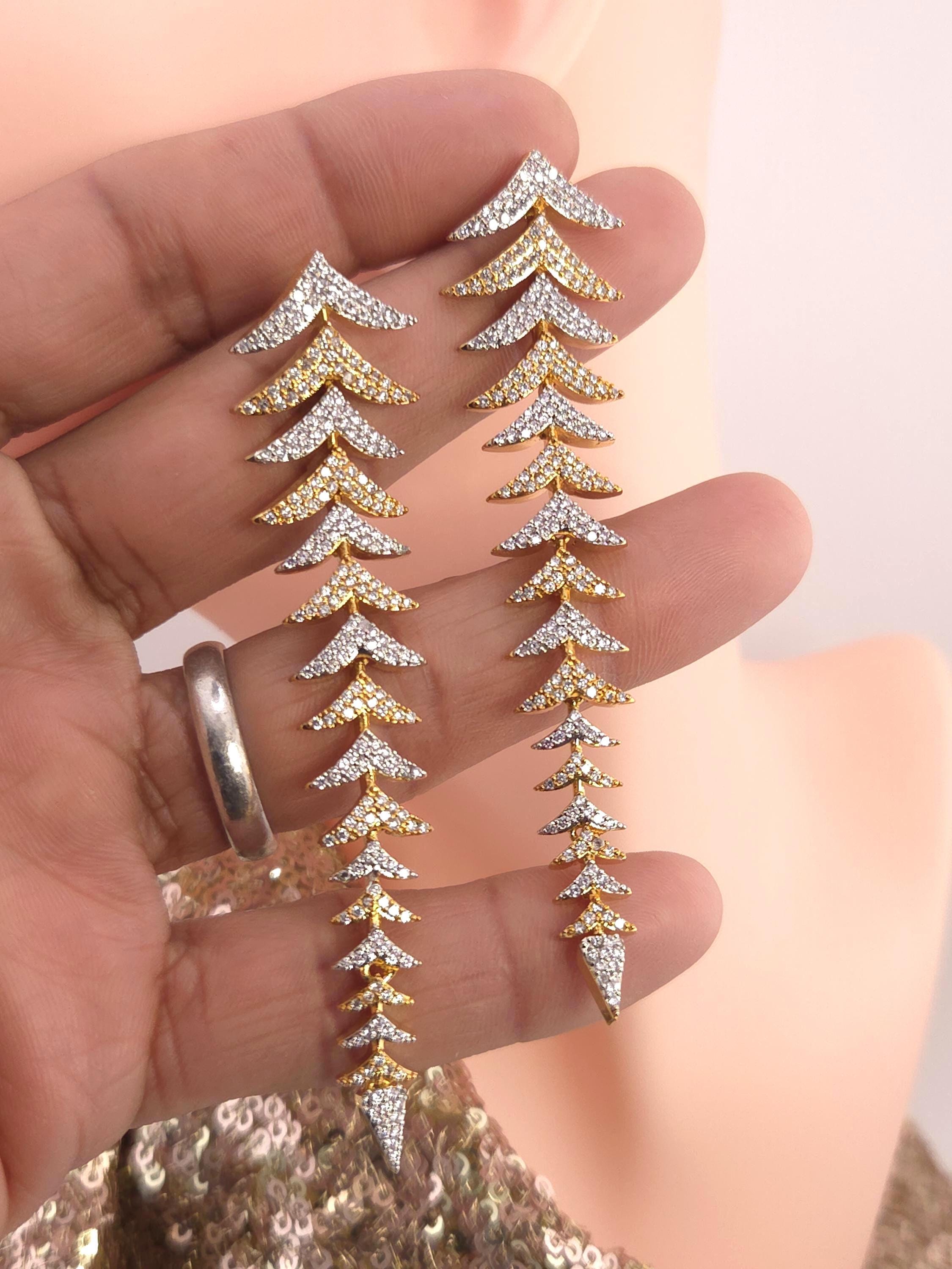 Long Leaf CZ Drop Earrings | Gold Silver Plated Statement Bridal Jewelry