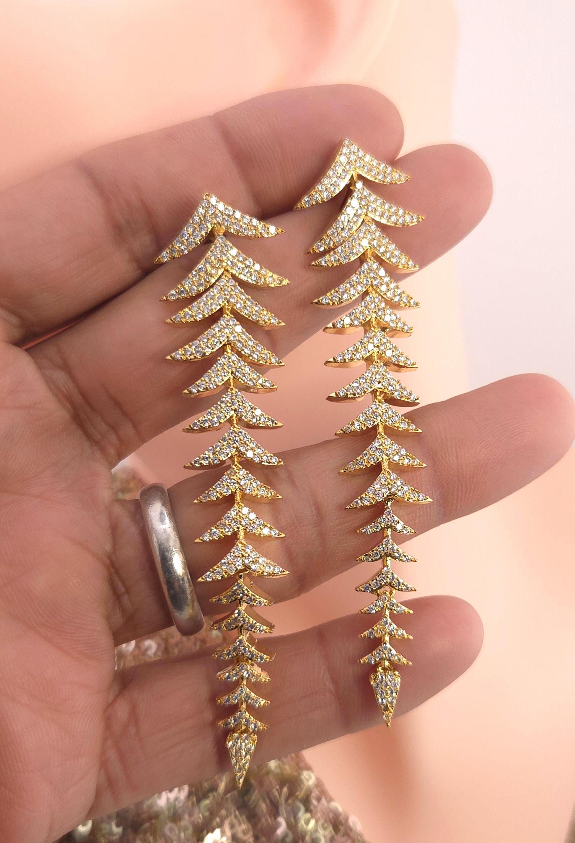 Long Leaf CZ Drop Earrings | Gold Silver Plated Statement Bridal Jewelry