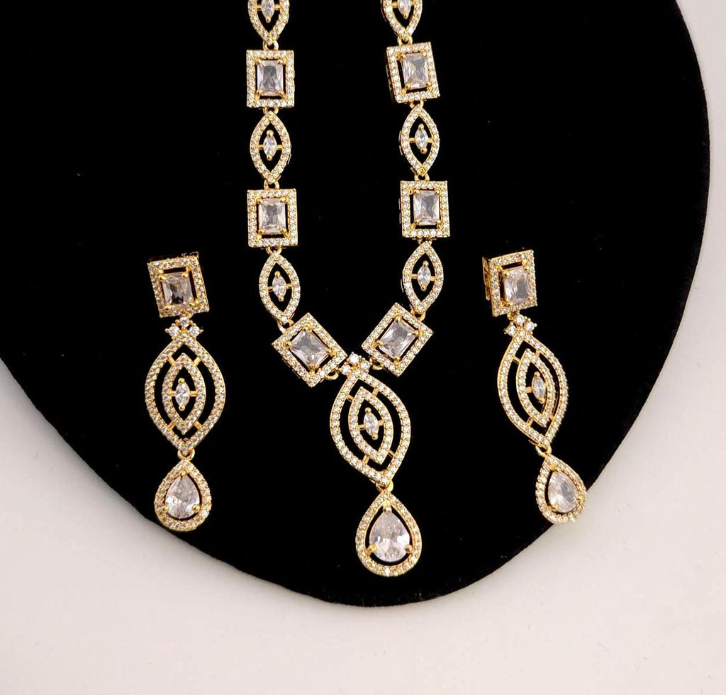 Gold Plated Emerald Cut CZ Bridal Necklace Set with Earrings, Geometric Art Deco Jewelry