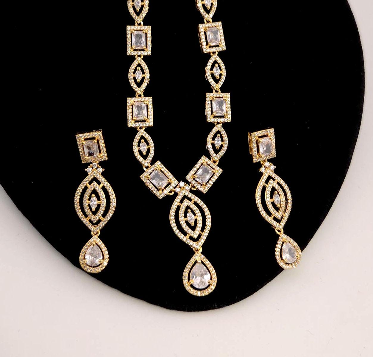 Gold Plated Emerald Cut CZ Bridal Necklace Set with Earrings, Geometric Art Deco Jewelry