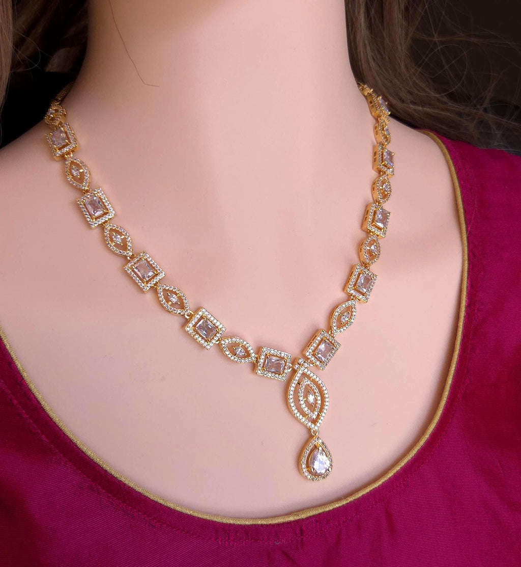 Gold Plated Emerald Cut CZ Bridal Necklace Set with Earrings, Geometric Art Deco Jewelry