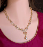 Gold Plated Emerald Cut CZ Bridal Necklace Set with Earrings, Geometric Art Deco Jewelry