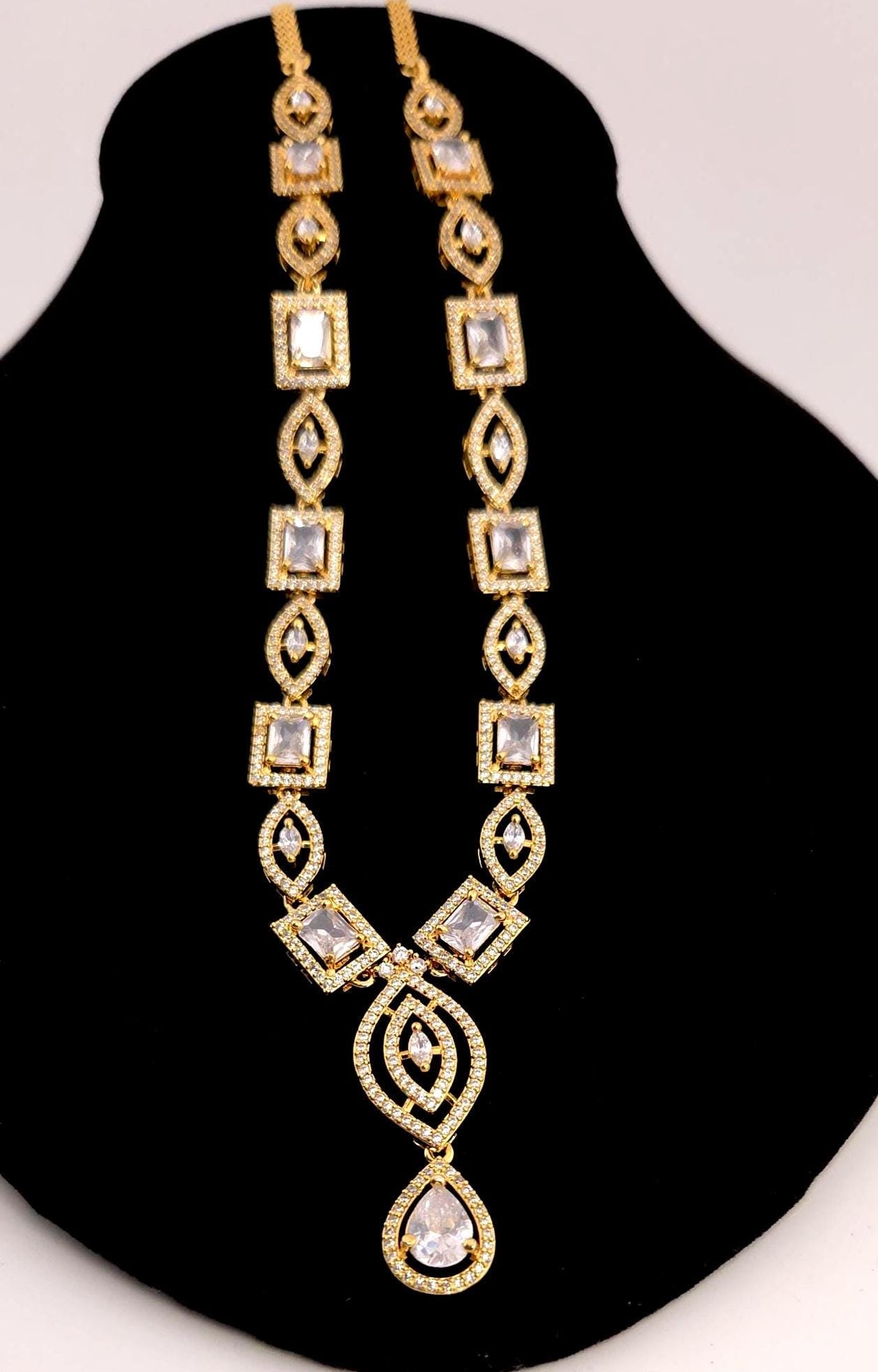 Gold Plated Emerald Cut CZ Bridal Necklace Set with Earrings, Geometric Art Deco Jewelry