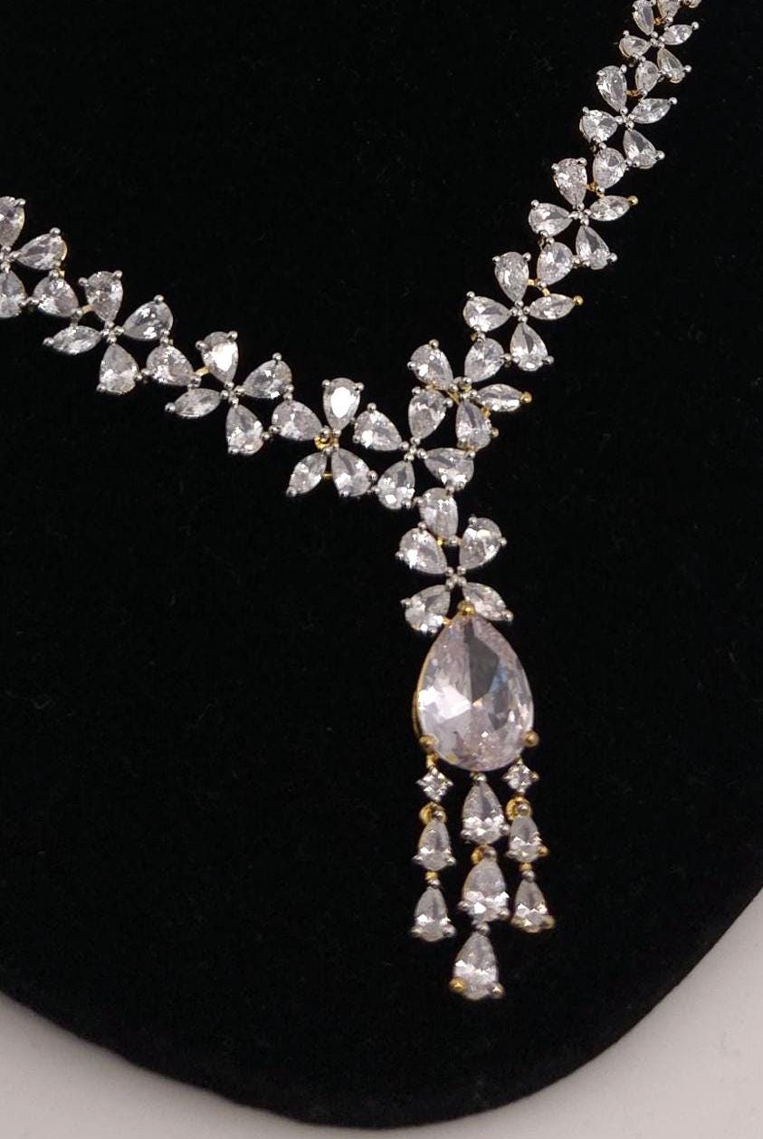 Gold Plated Floral CZ Bridal Necklace & Earrings Set – Indian Wedding Jewelry