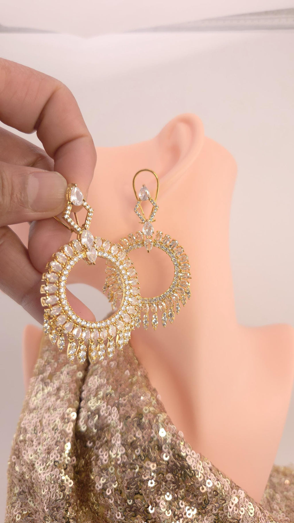 Gold Plated Filigree Chandbali Earrings, Multicolor CZ Statement Bridal Jewelry