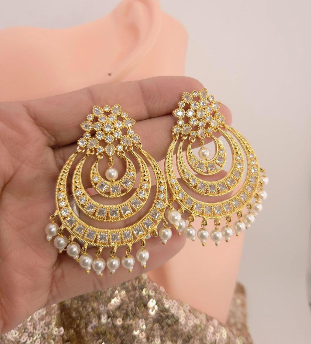 Gold Plated CZ Pearl Chandbali Earrings, Indian Bridal Statement Jewelry