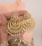Gold Plated CZ Pearl Chandbali Earrings, Indian Bridal Statement Jewelry