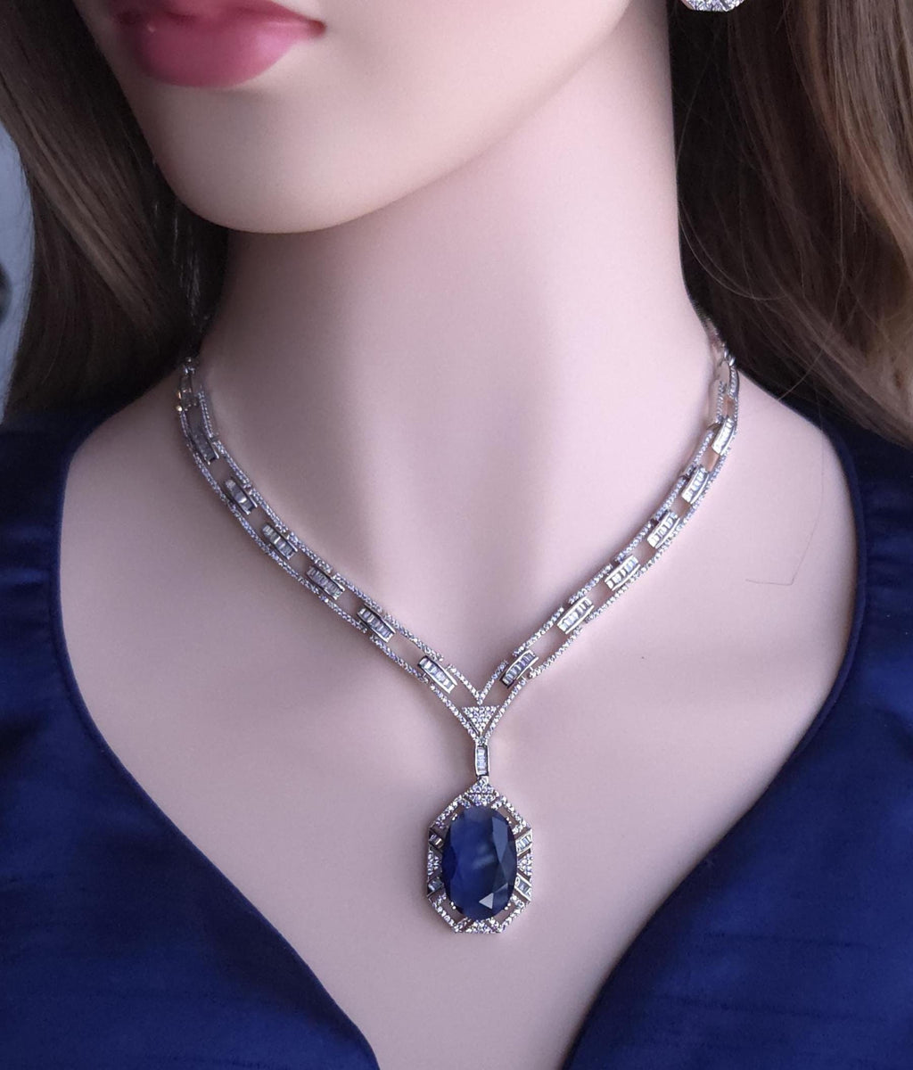 Royal Blue CZ Necklace Earrings Set | Silver Plated Bridal Statement Jewelry