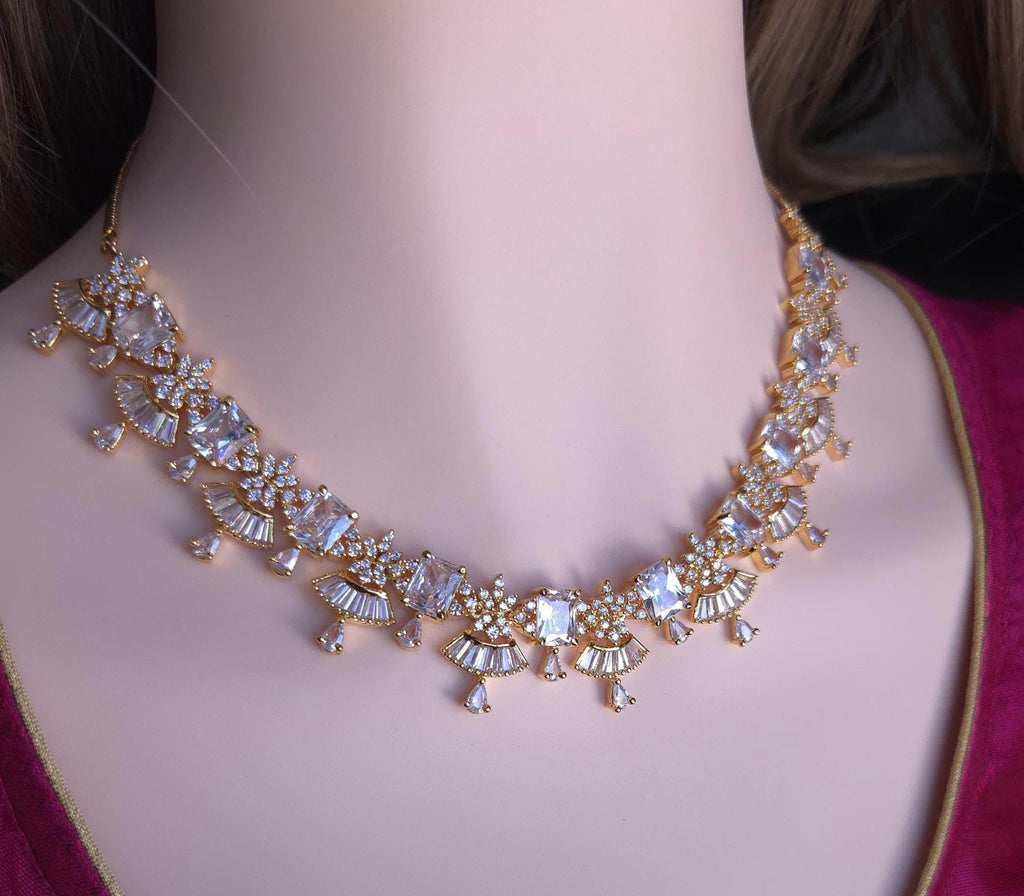 Gold CZ Floral Fan Necklace Set | Bridal Statement Jewelry with Earrings