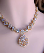 Gold Plated CZ Halo Pendant Necklace Set with Matching Earrings, Bridal Jewelry
