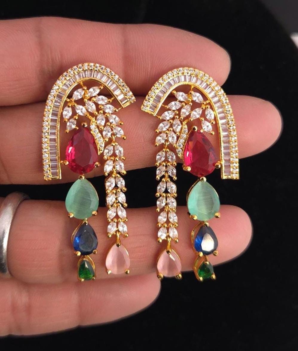 Navratna Style Bridal Jewelry Set, Multicolor CZ Choker Necklace Earrings