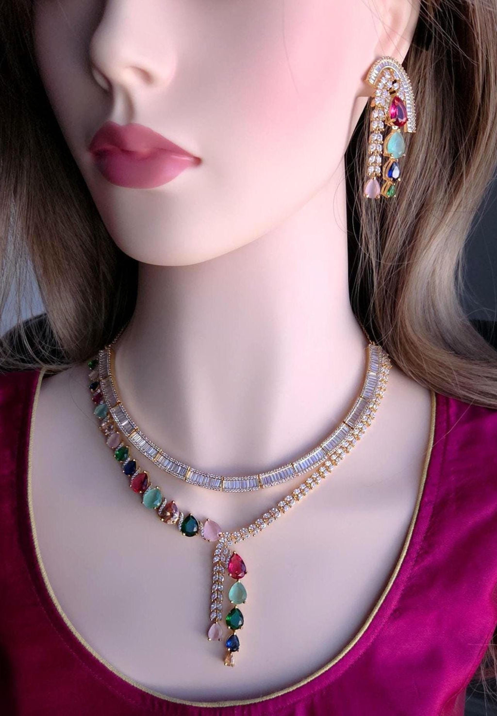 Navratna Style Bridal Jewelry Set, Multicolor CZ Choker Necklace Earrings