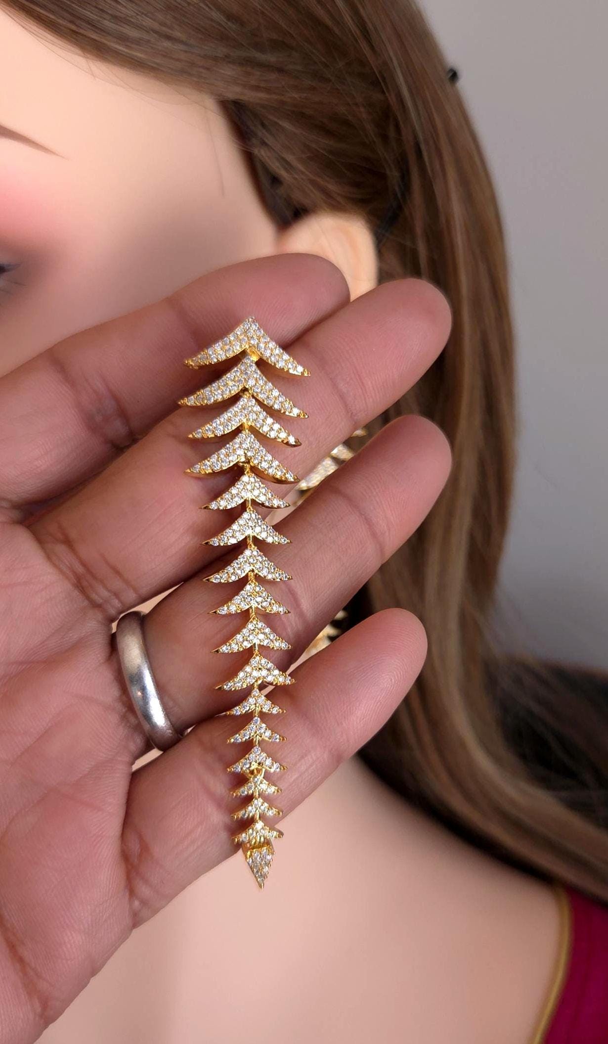 Long Leaf CZ Drop Earrings | Gold Silver Plated Statement Bridal Jewelry