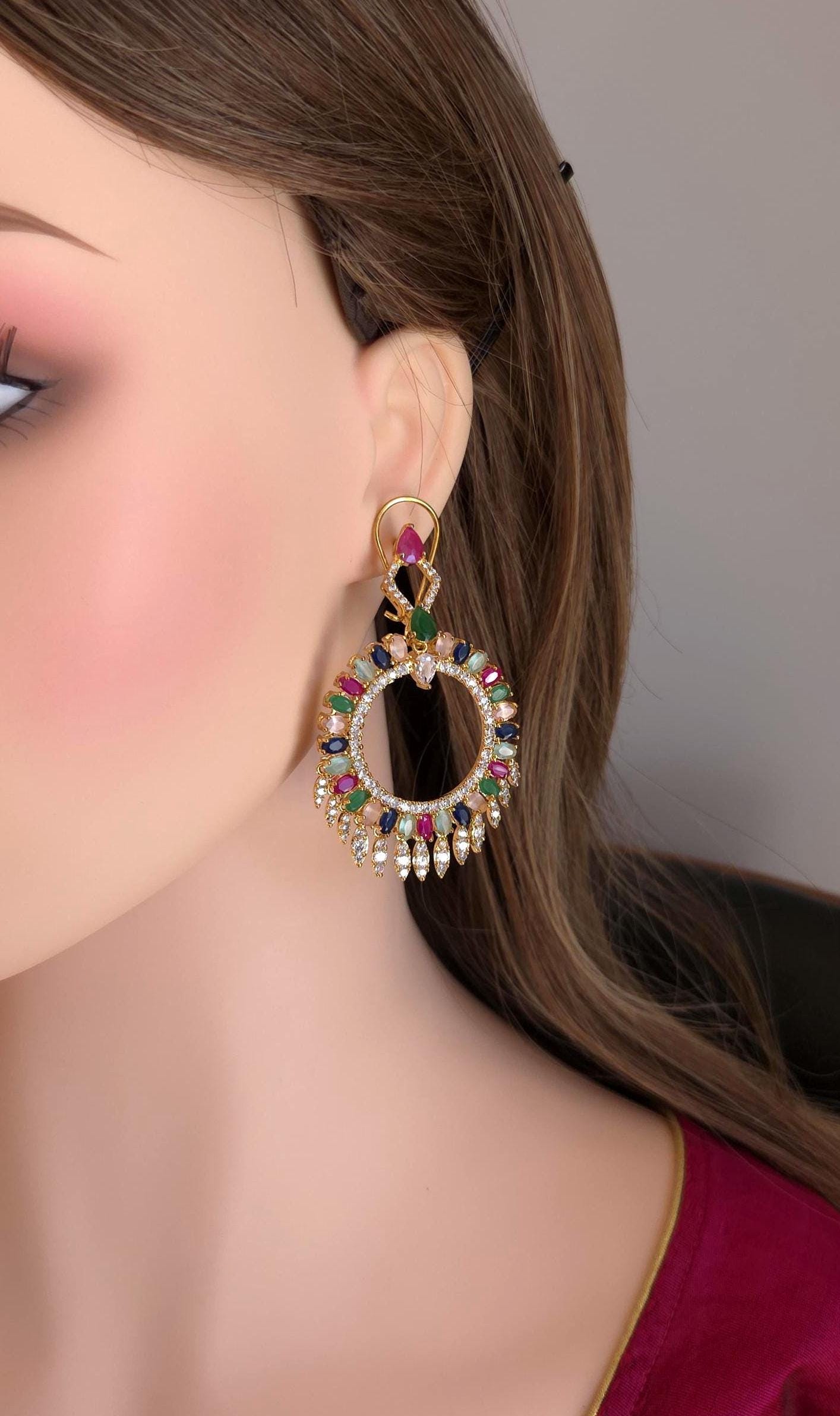 Gold Plated Filigree Chandbali Earrings, Multicolor CZ Statement Bridal Jewelry