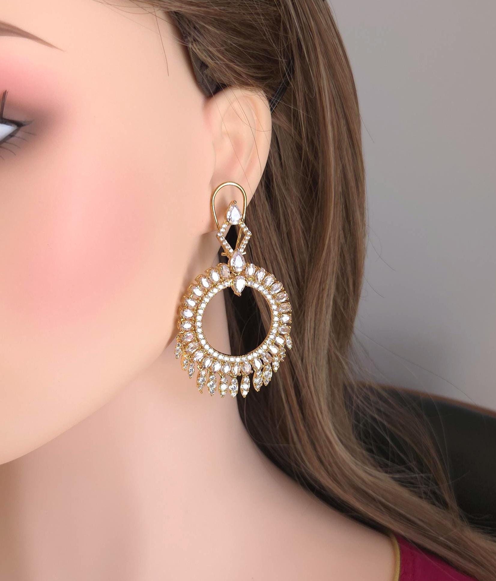 Gold Plated Filigree Chandbali Earrings, Multicolor CZ Statement Bridal Jewelry