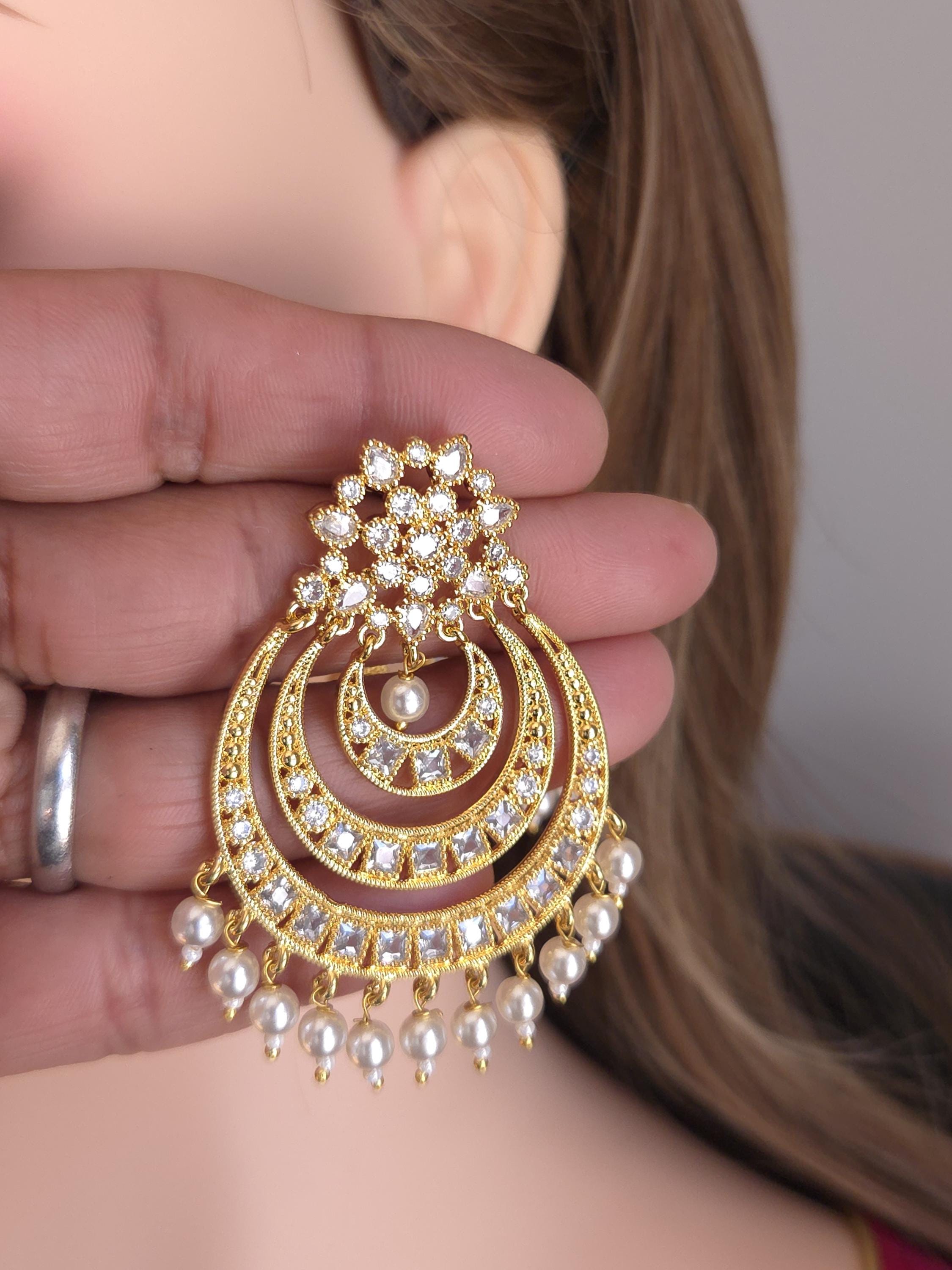 Gold Plated CZ Pearl Chandbali Earrings, Indian Bridal Statement Jewelry