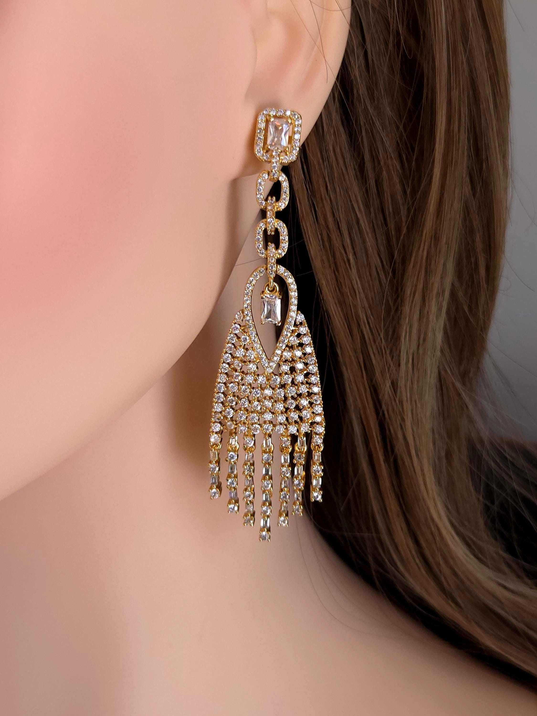 Gold CZ Tassel Earrings – Bridal Fringe Drop Statement Jewelry