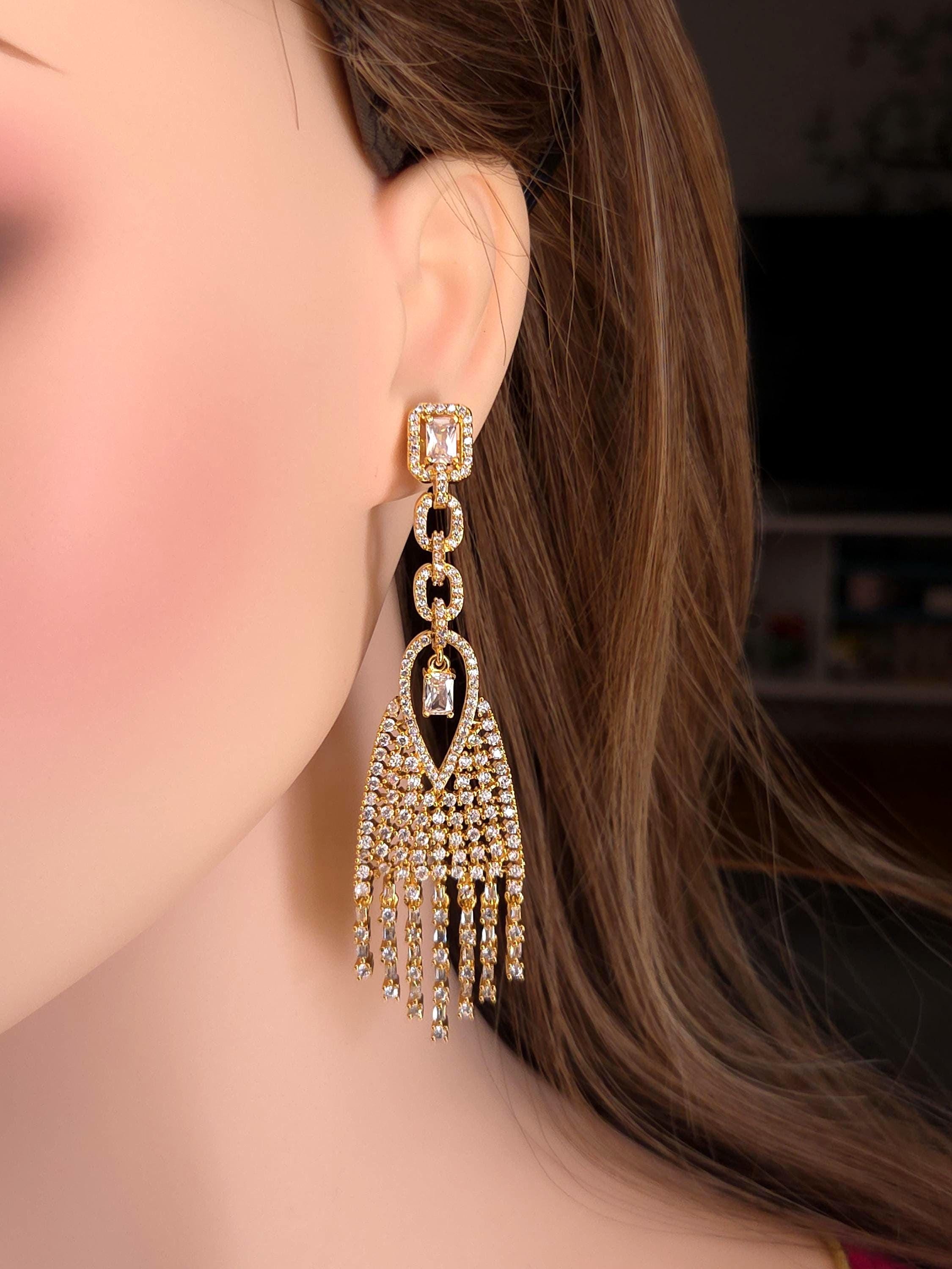 Gold CZ Tassel Earrings – Bridal Fringe Drop Statement Jewelry