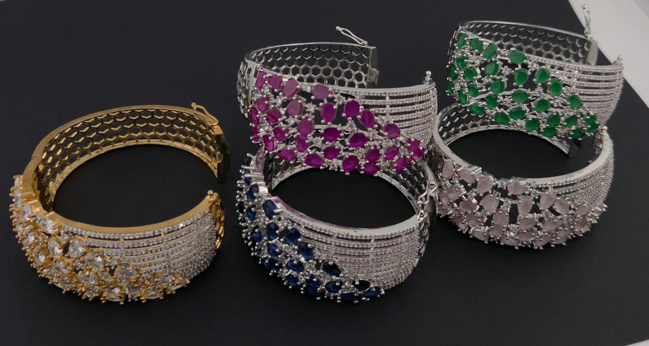 CZ Openable Bridal Bracelet – Indian Wedding Kada in Gold, Green, Blue, Magenta or Pink