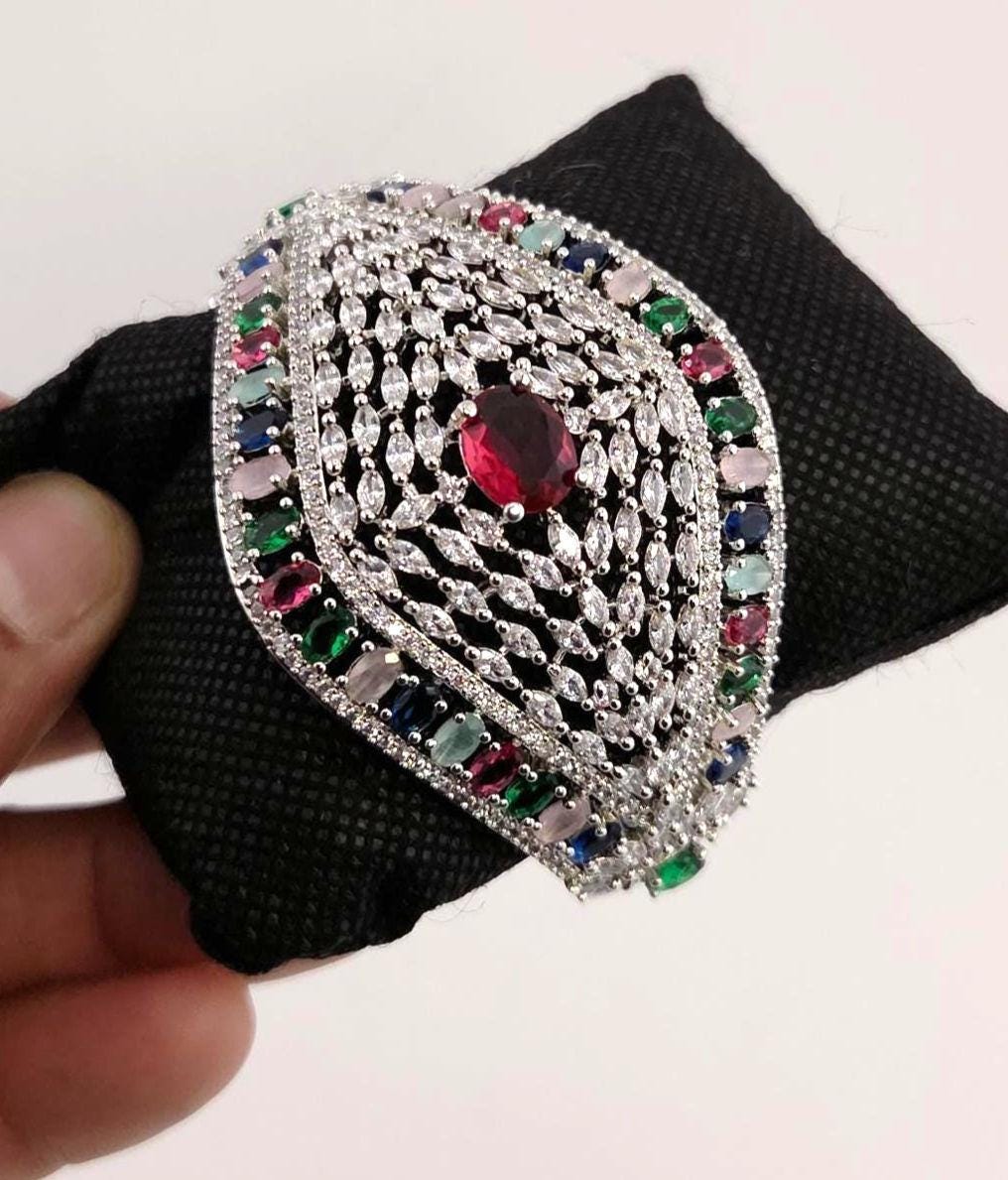 Statement CZ Openable Cuff Bracelet – Adjustable Bridal Wedding Kada, Gold, Multicolor or Magenta