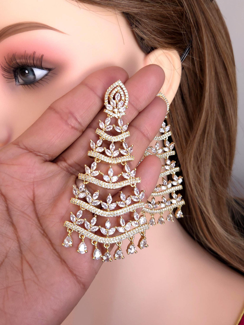 Gold Plated CZ Tassel Chandelier Earrings, Bridal Statement Jewelry