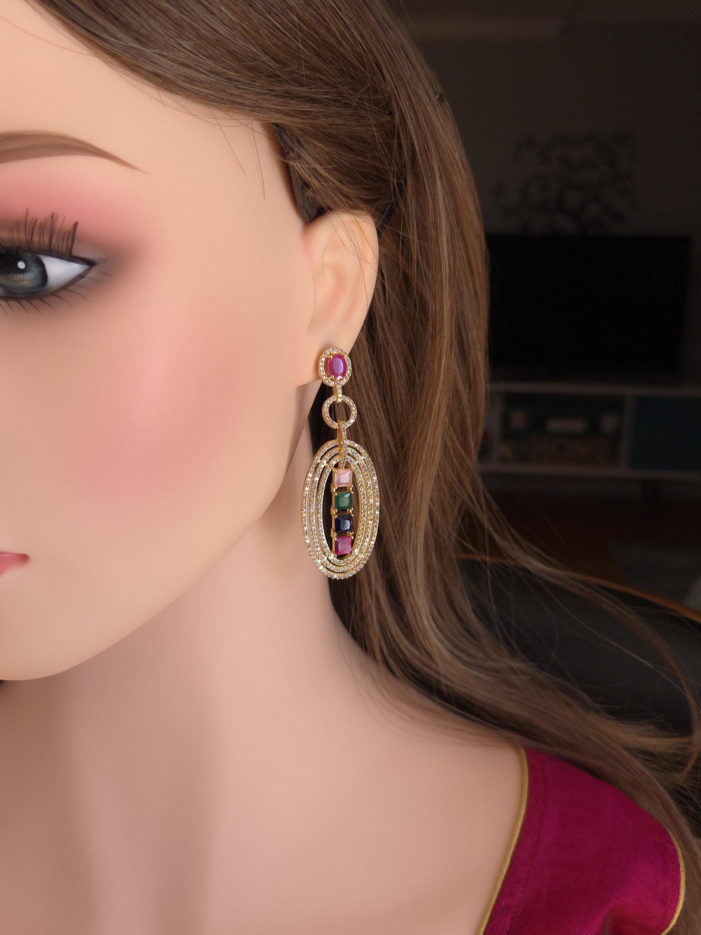 Gold Plated Multicolor Oval Dangle Earrings, Cubic Zirconia Bridal Jewelry