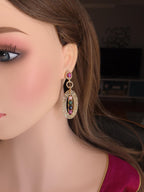Gold Plated Multicolor Oval Dangle Earrings, Cubic Zirconia Bridal Jewelry