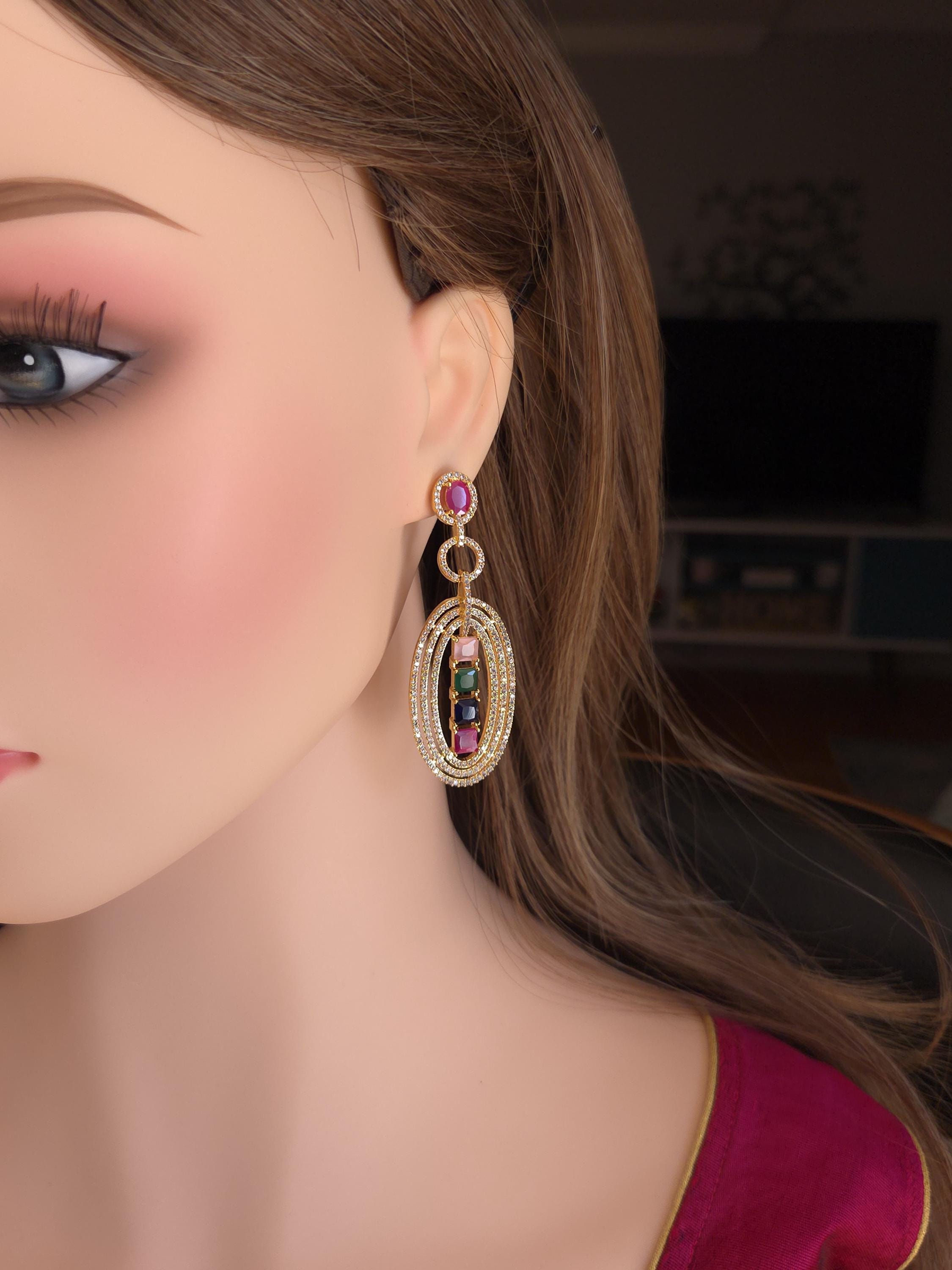 Gold Plated Multicolor Oval Dangle Earrings, Cubic Zirconia Bridal Jewelry
