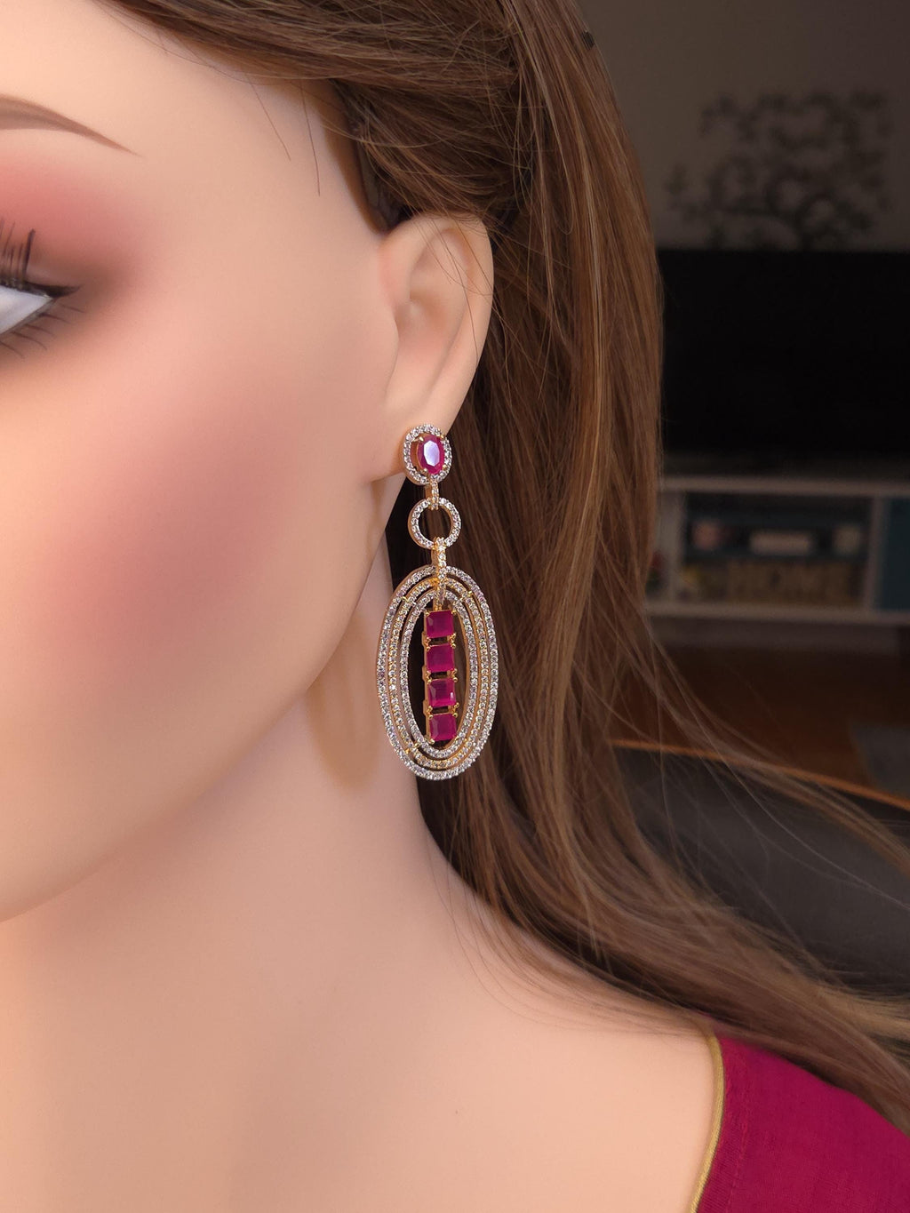 Gold Plated Multicolor Oval Dangle Earrings, Cubic Zirconia Bridal Jewelry