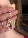 Gold Plated Multicolor Oval Dangle Earrings, Cubic Zirconia Bridal Jewelry