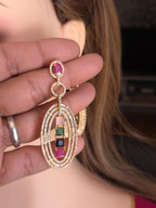 Gold Plated Multicolor Oval Dangle Earrings, Cubic Zirconia Bridal Jewelry