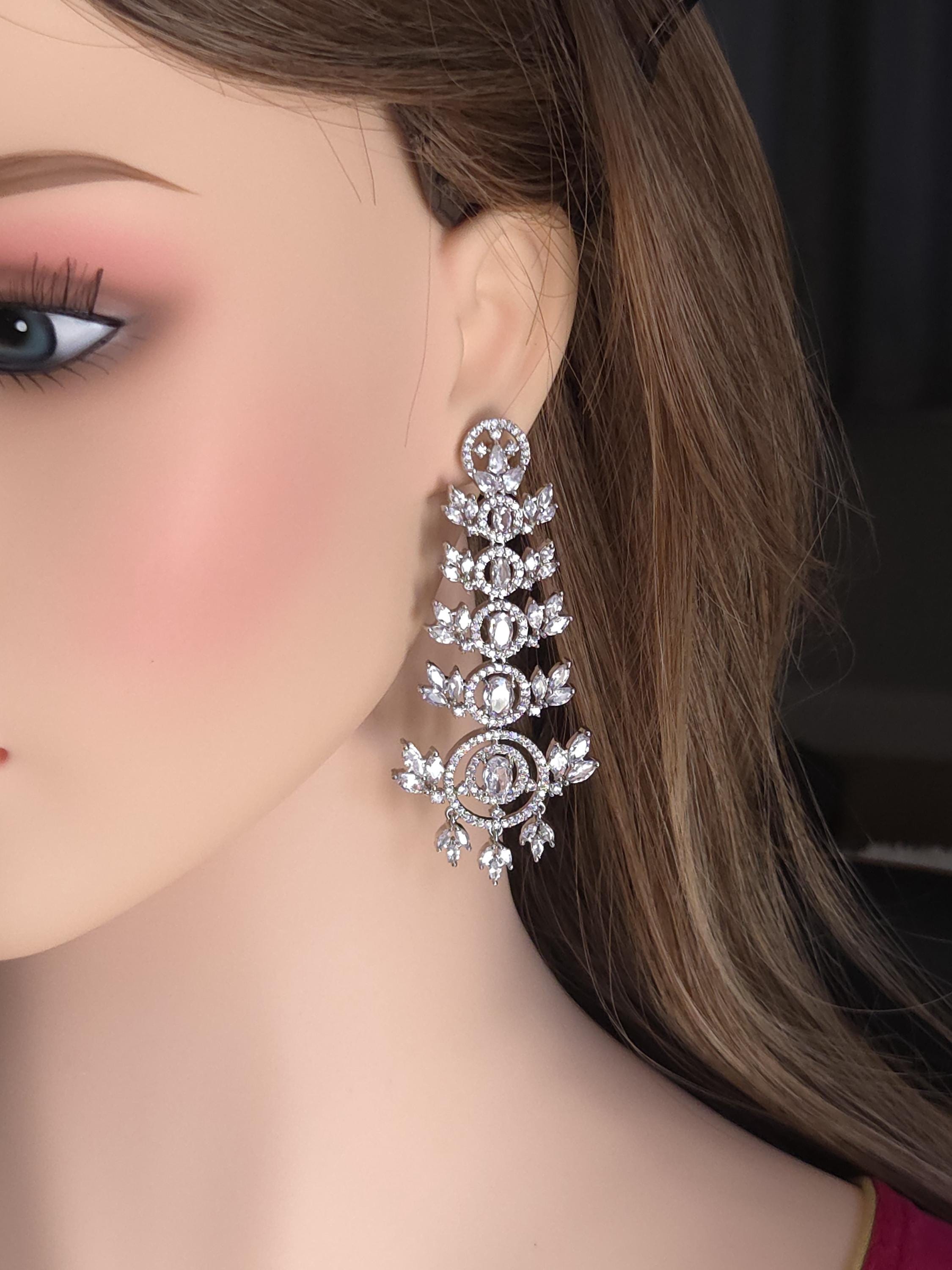 Emerald Green & Clear CZ Chandelier Earrings | Silver Bridal Statement Drops