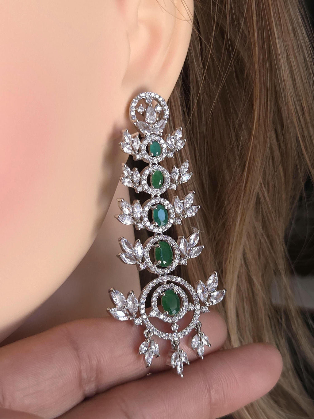 Emerald Green & Clear CZ Chandelier Earrings | Silver Bridal Statement Drops