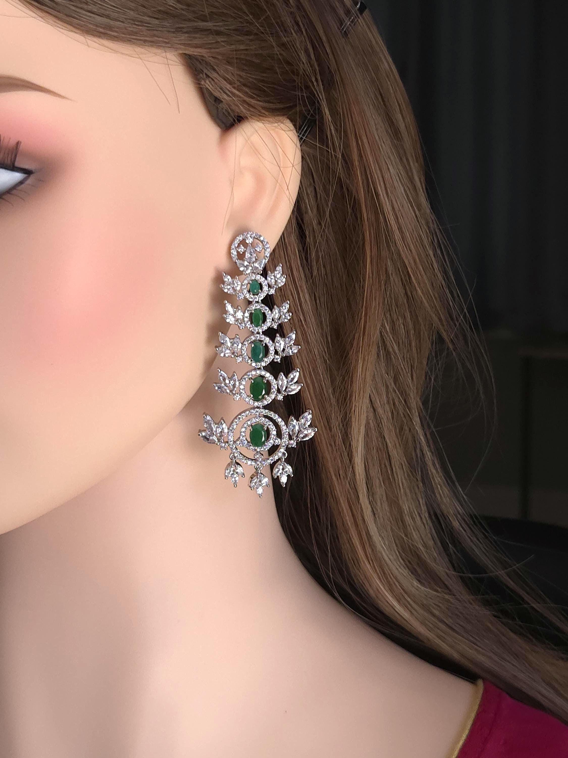 Emerald Green & Clear CZ Chandelier Earrings | Silver Bridal Statement Drops