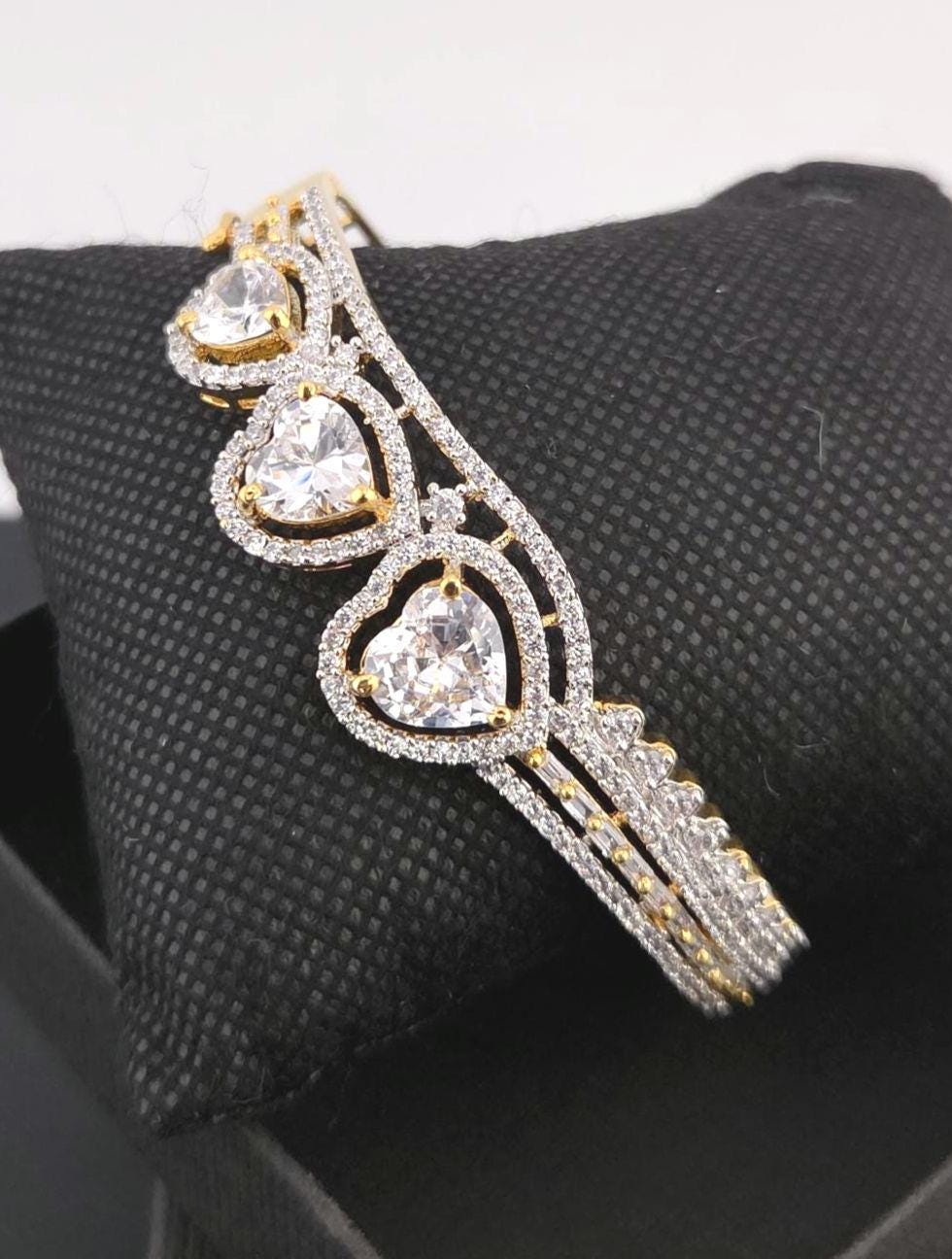 Heart CZ Cuff Bracelet – Gold or Silver, Statement Bridal Jewelry