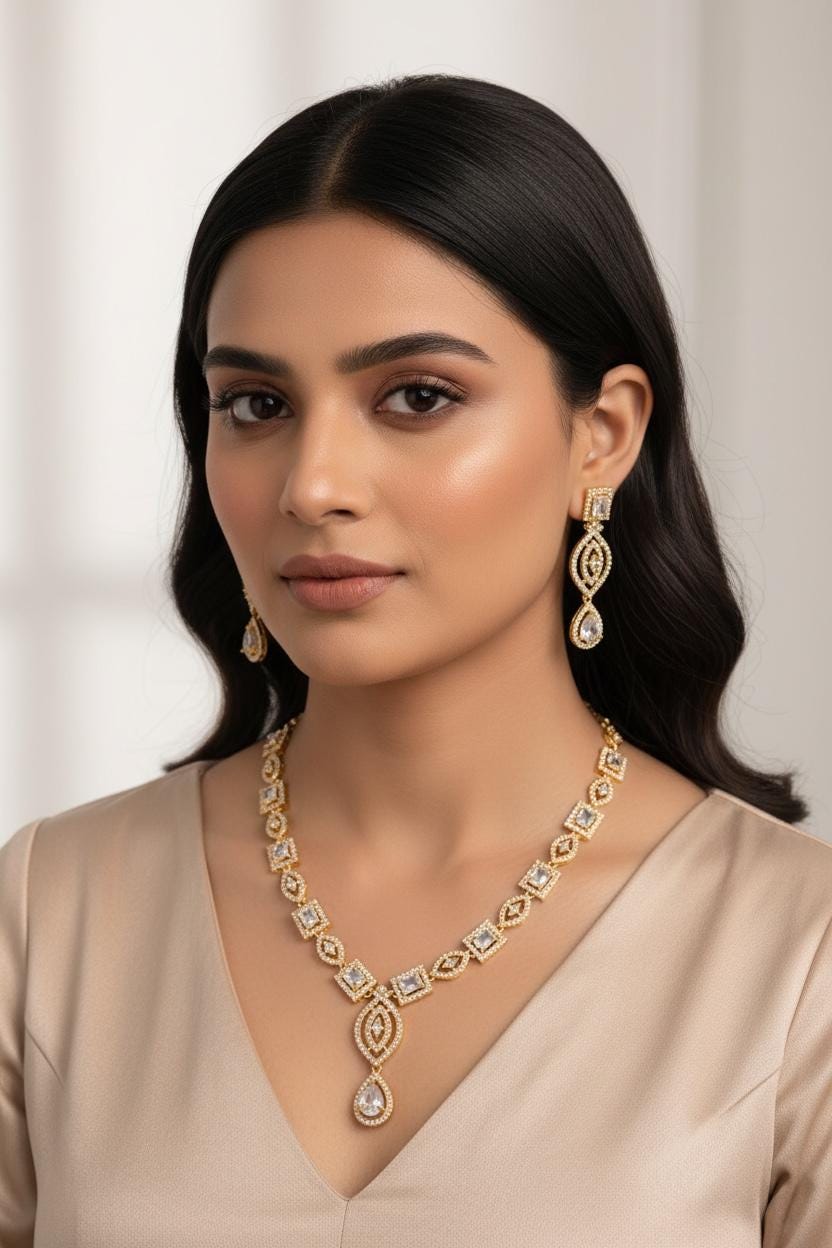 Gold Plated Emerald Cut CZ Bridal Necklace Set with Earrings, Geometric Art Deco Jewelry