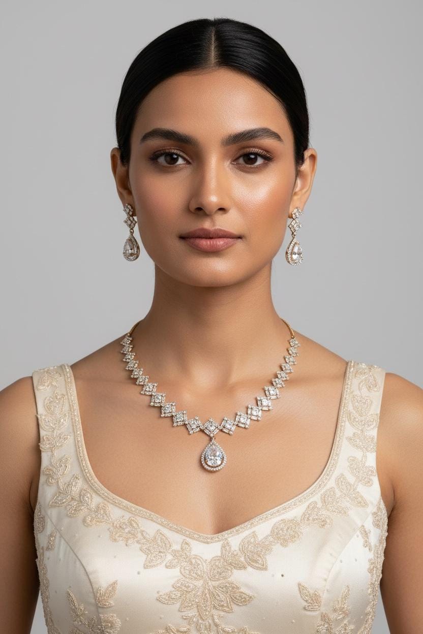 Geometric CZ Necklace & Earrings Set – Square Link Teardrop Pendant, Modern Bridal Jewelry