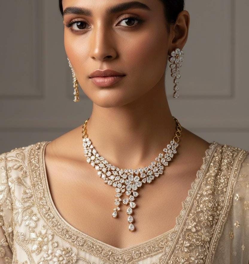 Floral CZ Bridal Necklace Set Indian Pakistani Wedding Jewelry Ruhi